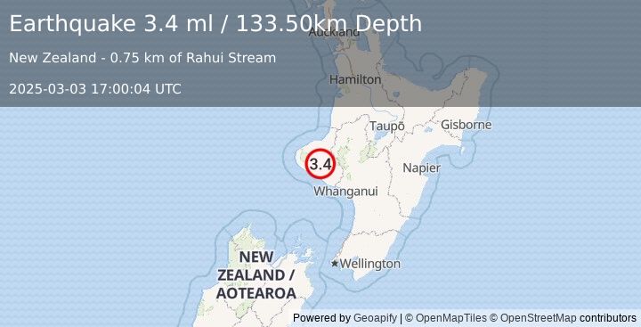 Earthquake NORTH ISLAND OF NEW ZEALAND (3.4 ml) (2025-03-03 17:00:04 UTC)