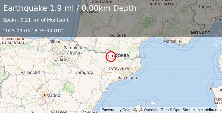 Earthquake PYRENEES (1.9 ml) (2025-03-03 18:35:33 UTC)