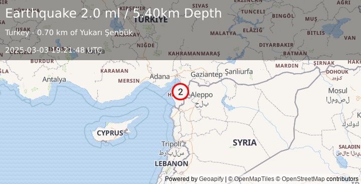 Earthquake TURKEY-SYRIA BORDER REGION (2.0 ml) (2025-03-03 19:21:48 UTC)