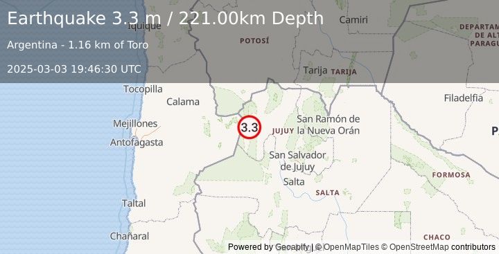 Earthquake ANTOFAGASTA, CHILE (3.3 ml) (2025-03-03 19:46:57 UTC)