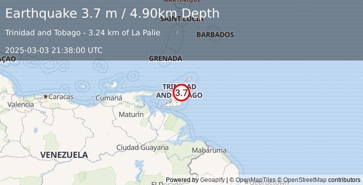 Earthquake TRINIDAD REGION, TRINIDAD-TOBAGO (3.7 m) (2025-03-03 21:38:00 UTC)