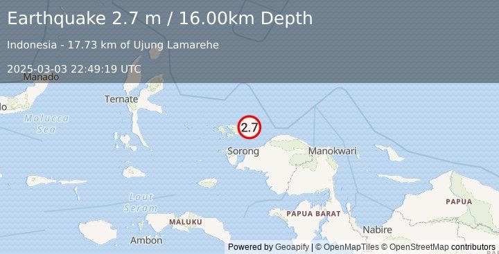 Earthquake NEAR N COAST OF PAPUA, INDONESIA (2.7 m) (2025-03-03 22:49:19 UTC)