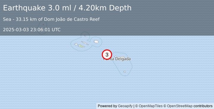 Earthquake AZORES ISLANDS, PORTUGAL (3.0 ml) (2025-03-03 23:06:01 UTC)