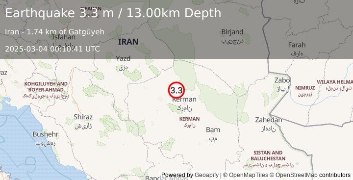 Earthquake CENTRAL IRAN (3.3 m) (2025-03-04 00:10:41 UTC)