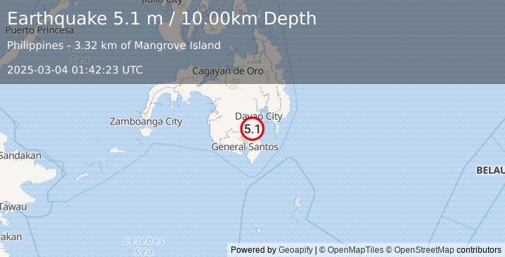 Earthquake MINDANAO, PHILIPPINES (5.0 mb) (2025-03-04 01:42:22 UTC)