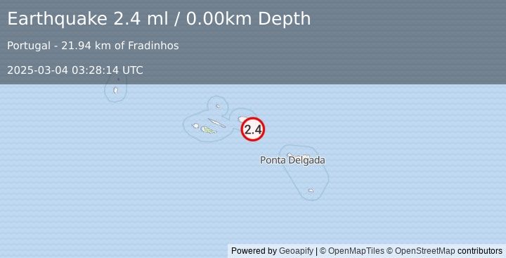 Earthquake AZORES ISLANDS, PORTUGAL (2.4 ml) (2025-03-04 03:28:14 UTC)