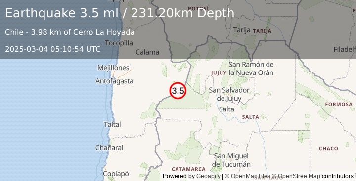 Earthquake ANTOFAGASTA, CHILE (3.5 ml) (2025-03-04 05:10:54 UTC)