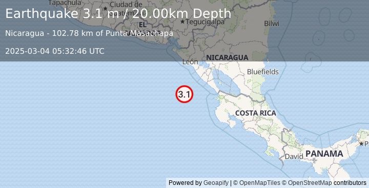 Earthquake NEAR COAST OF NICARAGUA (3.1 m) (2025-03-04 05:32:46 UTC)