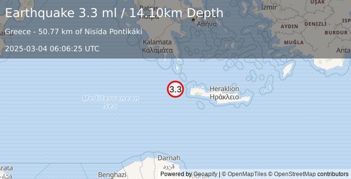 Earthquake CENTRAL MEDITERRANEAN SEA (3.3 ml) (2025-03-04 06:06:25 UTC)