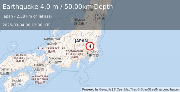 Earthquake NEAR EAST COAST OF HONSHU, JAPAN (4.0 m) (2025-03-04 06:12:30 UTC)