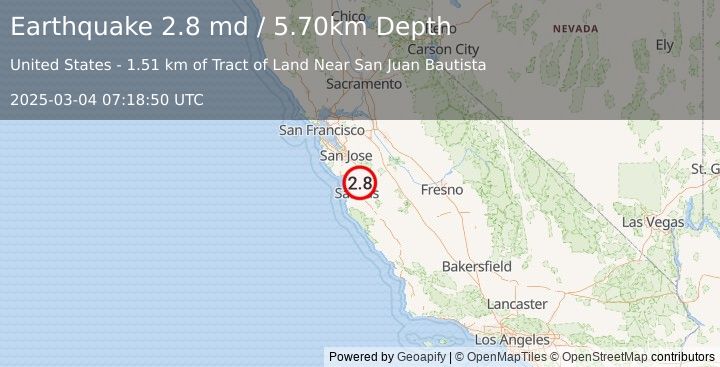 Earthquake CENTRAL CALIFORNIA (2.8 md) (2025-03-04 07:18:50 UTC)