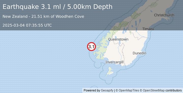 Earthquake OFF W. COAST OF S. ISLAND, N.Z. (3.1 ml) (2025-03-04 07:35:55 UTC)