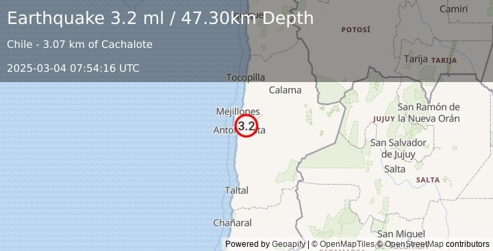 Earthquake ANTOFAGASTA, CHILE (3.2 ml) (2025-03-04 07:54:16 UTC)