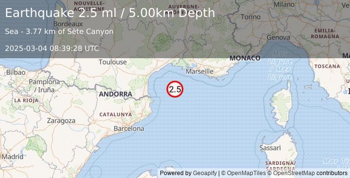 Earthquake WESTERN MEDITERRANEAN SEA (2.5 ml) (2025-03-04 08:39:28 UTC)