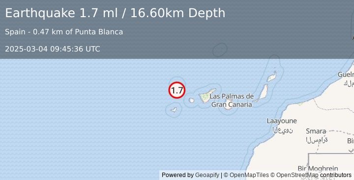 Earthquake CANARY ISLANDS, SPAIN REGION (1.7 ml) (2025-03-04 09:45:36 UTC)