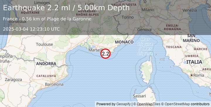 Earthquake NEAR SOUTH COAST OF FRANCE (2.2 ml) (2025-03-04 12:23:10 UTC)