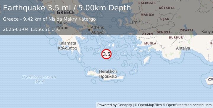 Earthquake DODECANESE ISLANDS, GREECE (3.5 ml) (2025-03-04 13:56:51 UTC)