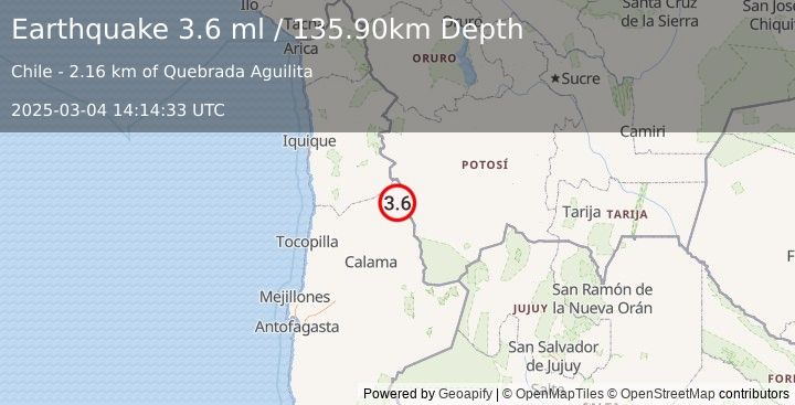 Earthquake ANTOFAGASTA, CHILE (3.6 ml) (2025-03-04 14:14:33 UTC)