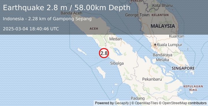 Earthquake NORTHERN SUMATRA, INDONESIA (2.8 m) (2025-03-04 18:40:46 UTC)