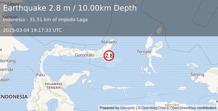 Earthquake MINAHASA, SULAWESI, INDONESIA (2.8 m) (2025-03-04 19:17:33 UTC)