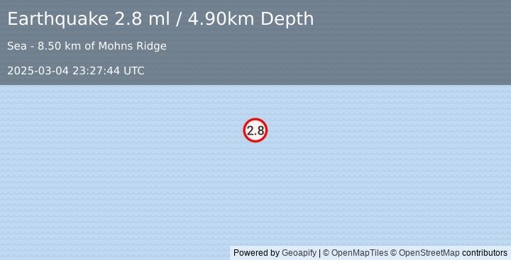 Earthquake NORWEGIAN SEA (2.8 ml) (2025-03-04 23:27:44 UTC)