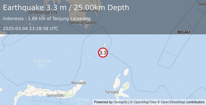 Earthquake KEPULAUAN TALAUD, INDONESIA (3.3 m) (2025-03-04 23:28:58 UTC)