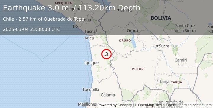 Earthquake TARAPACA, CHILE (3.0 ml) (2025-03-04 23:38:08 UTC)