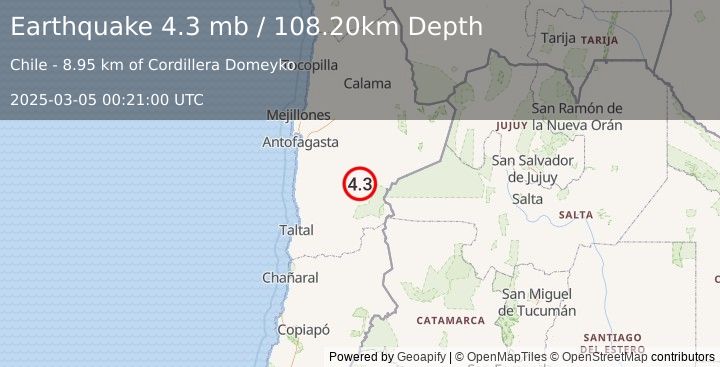 Earthquake ANTOFAGASTA, CHILE (4.3 mb) (2025-03-05 00:21:00 UTC)