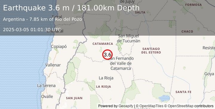 Earthquake CATAMARCA, ARGENTINA (3.6 m) (2025-03-05 01:01:30 UTC)