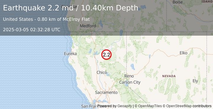 Earthquake NORTHERN CALIFORNIA (2.2 md) (2025-03-05 02:32:28 UTC)