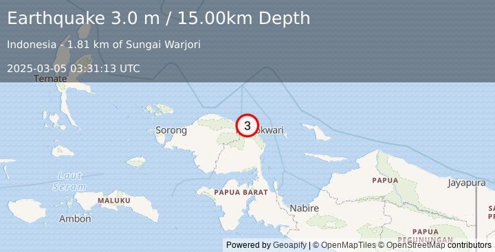 Earthquake NEAR N COAST OF PAPUA, INDONESIA (3.0 m) (2025-03-05 03:31:13 UTC)