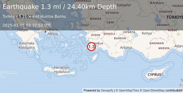 Earthquake DODECANESE IS.-TURKEY BORDER REG (1.3 ml) (2025-03-05 03:37:52 UTC)