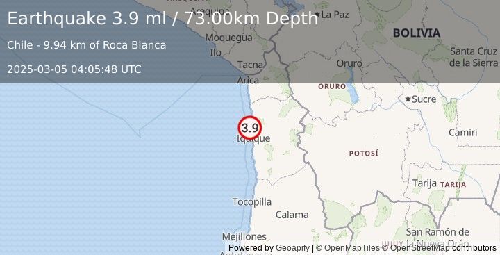 Earthquake OFFSHORE TARAPACA, CHILE (4.1 ml) (2025-03-05 04:06:01 UTC)