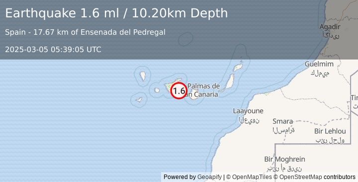 Earthquake CANARY ISLANDS, SPAIN REGION (1.6 ml) (2025-03-05 05:39:05 UTC)