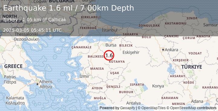 Earthquake WESTERN TURKEY (1.6 ml) (2025-03-05 05:45:11 UTC)