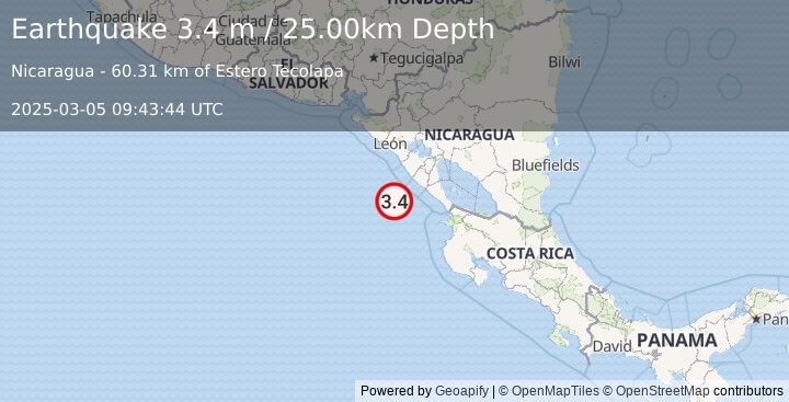 Earthquake NEAR COAST OF NICARAGUA (3.4 m) (2025-03-05 09:43:44 UTC)