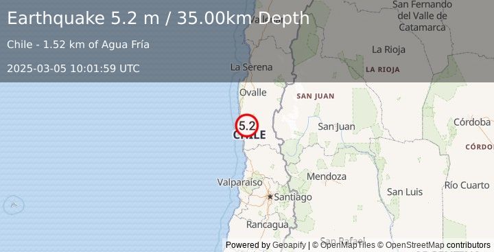 Earthquake COQUIMBO, CHILE (5.2 m) (2025-03-05 10:02:00 UTC)