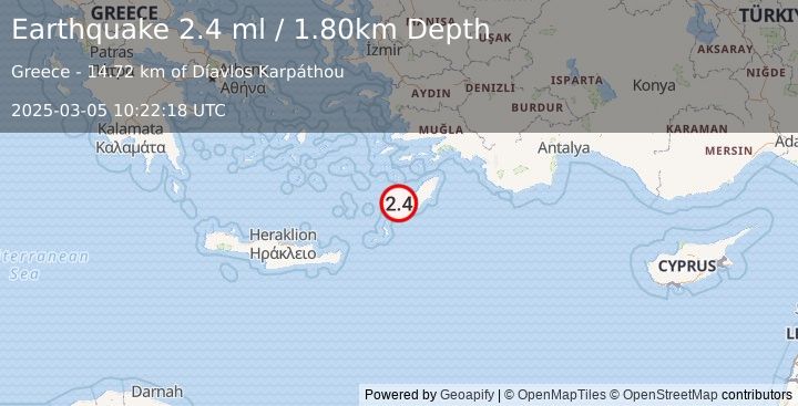 Earthquake DODECANESE ISLANDS, GREECE (2.4 ml) (2025-03-05 10:22:18 UTC)