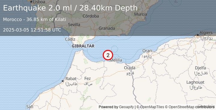 Earthquake STRAIT OF GIBRALTAR (2.0 ml) (2025-03-05 12:51:58 UTC)