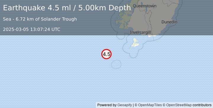 Earthquake OFF W. COAST OF S. ISLAND, N.Z. (4.5 ml) (2025-03-05 13:07:24 UTC)