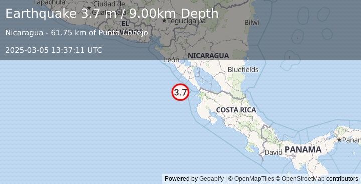 Earthquake NEAR COAST OF NICARAGUA (3.6 m) (2025-03-05 13:37:12 UTC)