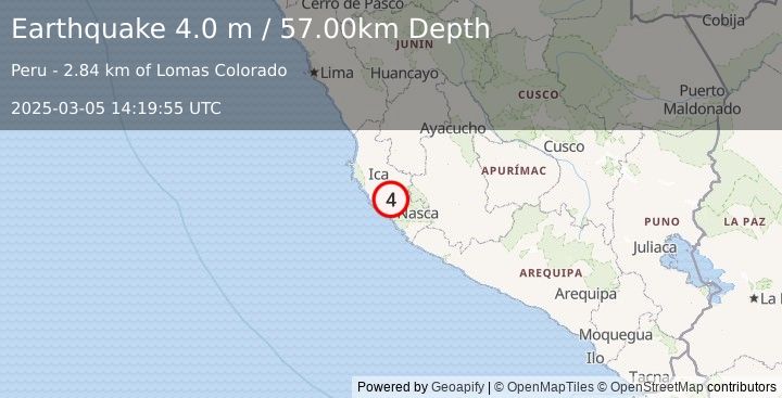 Earthquake NEAR COAST OF CENTRAL PERU (4.0 m) (2025-03-05 14:19:55 UTC)