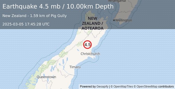 Earthquake SOUTH ISLAND OF NEW ZEALAND (4.5 mb) (2025-03-05 17:45:28 UTC)