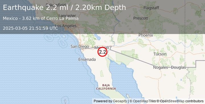 Earthquake BAJA CALIFORNIA, MEXICO (2.2 ml) (2025-03-05 21:51:59 UTC)