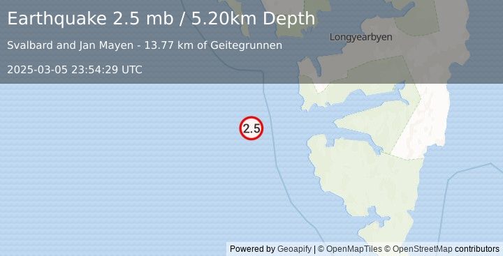 Earthquake SVALBARD REGION (2.5 mb) (2025-03-05 23:54:29 UTC)