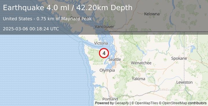 Earthquake OLYMPIC PENINSULA, WASHINGTON (4.0 ml) (2025-03-06 00:18:24 UTC)