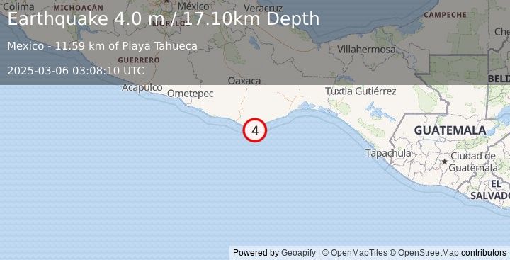 Earthquake OFFSHORE OAXACA, MEXICO (4.0 m) (2025-03-06 03:08:10 UTC)