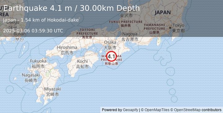 Earthquake NEAR S. COAST OF WESTERN HONSHU (4.1 m) (2025-03-06 03:59:30 UTC)