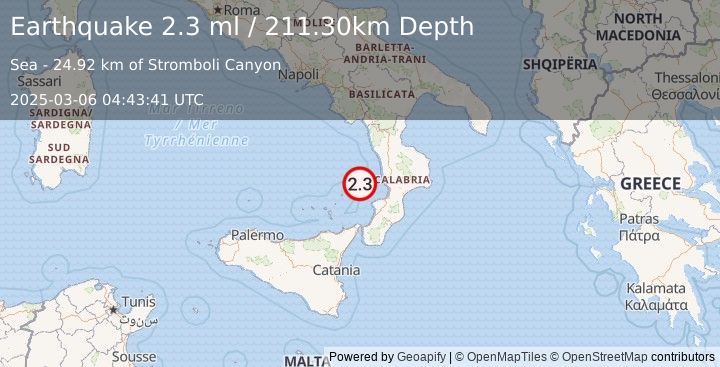 Earthquake SICILY, ITALY (2.3 ml) (2025-03-06 04:43:41 UTC)