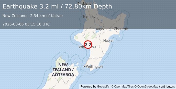 Earthquake NORTH ISLAND OF NEW ZEALAND (3.2 ml) (2025-03-06 05:15:10 UTC)